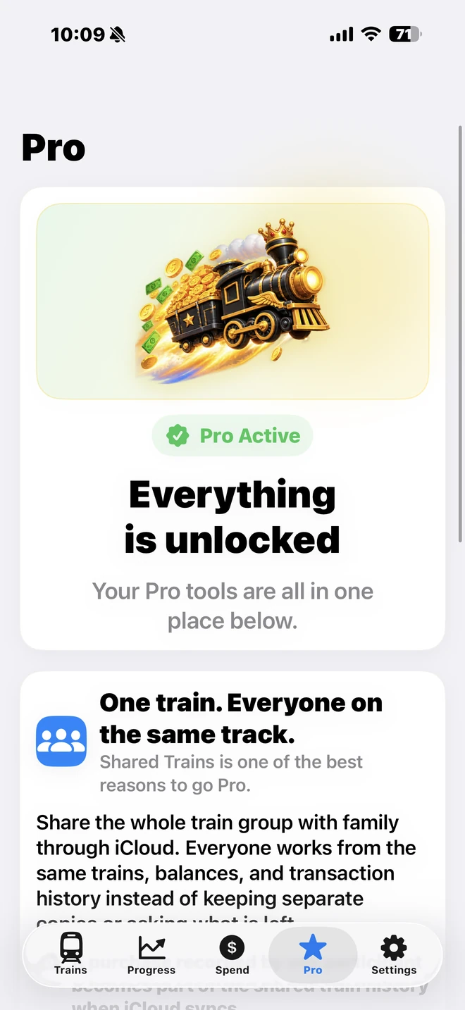 My Money Train Pro screen showing Pro features and shared trains